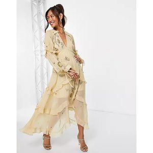 ASOS Women's a-line midi dress with cluster embellishment in gold Size 8 NWT